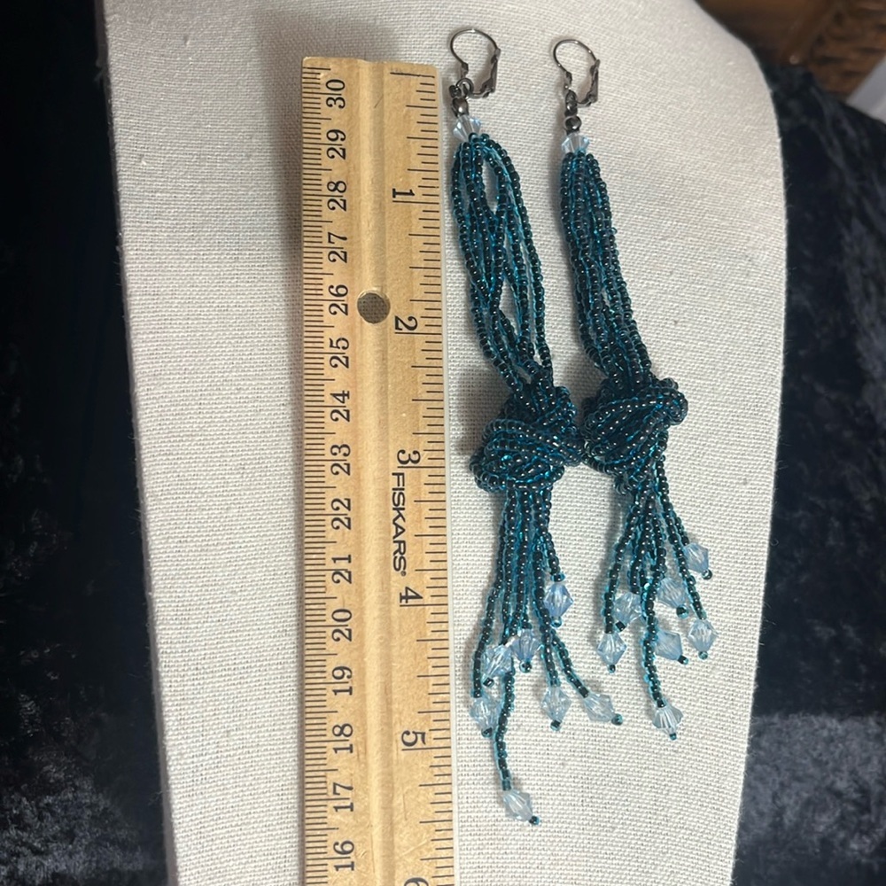 Artisan Boho Extra Long Tassel Fringe Peacock Blue Seed Beaded Dangle Earrings - Picture 9 of 9
